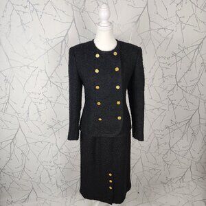 Paula Klein France VTG Black Wool Tweed Blazer Skirt Suit Set